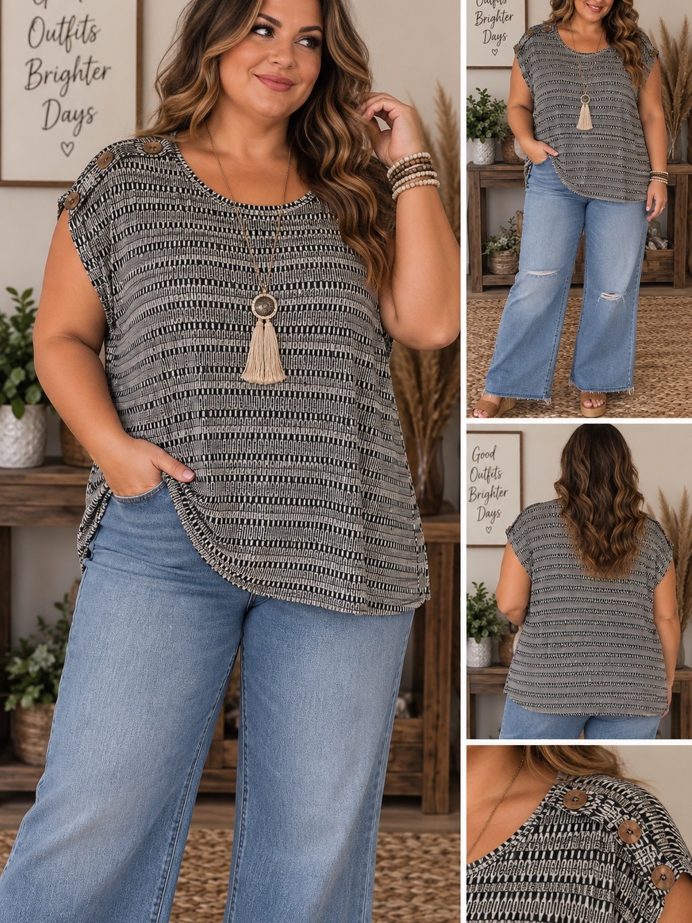 Plus-Size Black & White Patterned Cap-Sleeve Top